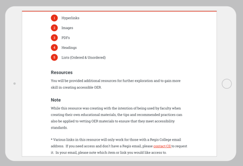 screenshot of creating accessible OER SCORM showing 5 tips, resources, and note