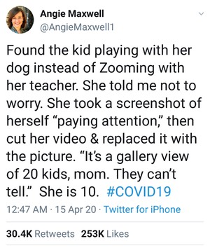 Tweet from Mom about her child pretend "paying attention" on a Zoom class